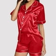 thumbnail image 2 of HSHMT Women's Pajama Sets Short Sleeve Comfortable Soft Breathable Button Down 2 Piece Satin Shorts Set Ruffle Notch Collar Sleepwear Lounge Sets for Women, 2 of 6