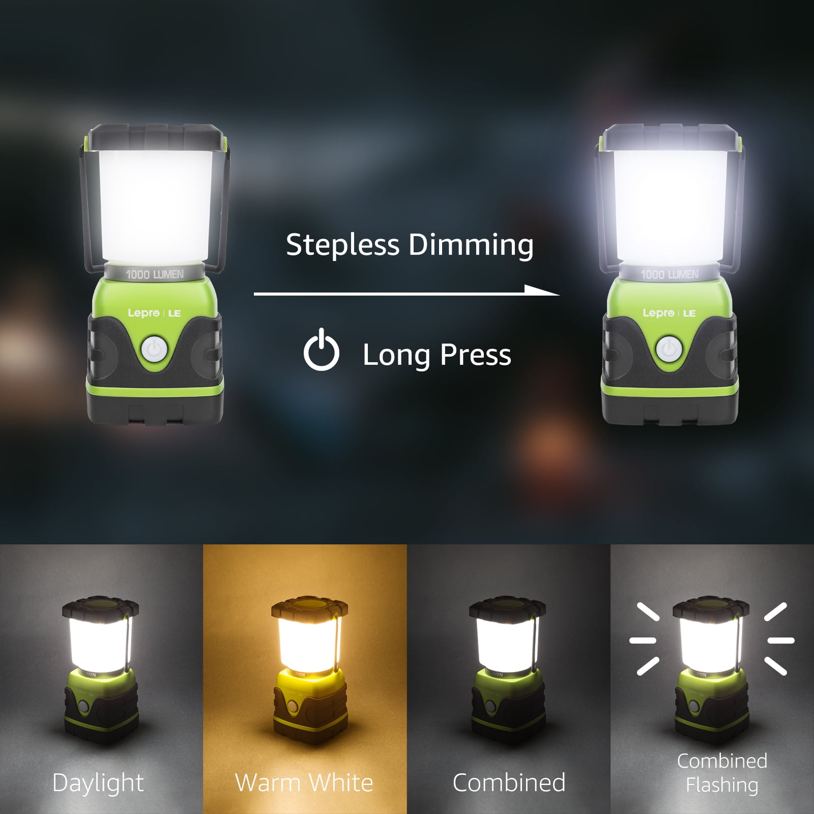 Lepro 2-Pack Camping Lanterns, 1000 Lumen Tent Lights Battery Powered, 4 Dimmable Light Modes,Emergency Lantern and Flashlight for Power Outage, Emergency, Hiking, Fishing, Tents
