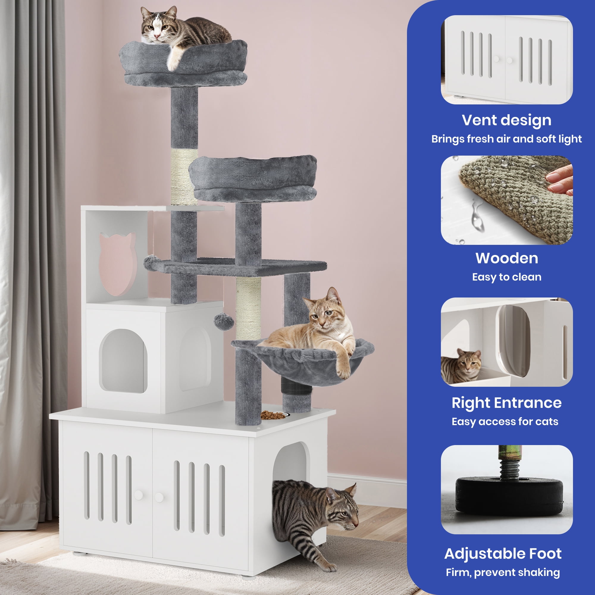 ModFusion Multi-Level Cat Tree Tower, Scratching Posts, Feeding Station, Enclosed Cat Toilet, White & Gray