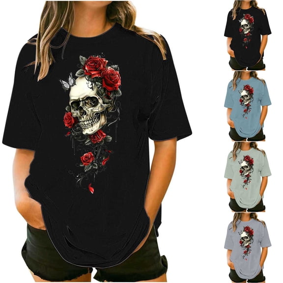 Inverlee Women's Plus Size Tunic Tees Trendy Gothic Floral Print Short Sleeve Tshirts Casual Loose Fit Crewneck Tunic Tops