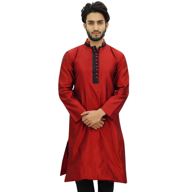 Atasi Men's Kurta Pyjama Set Maroon Dupion Ethnic Bollywood Shirt-Medium