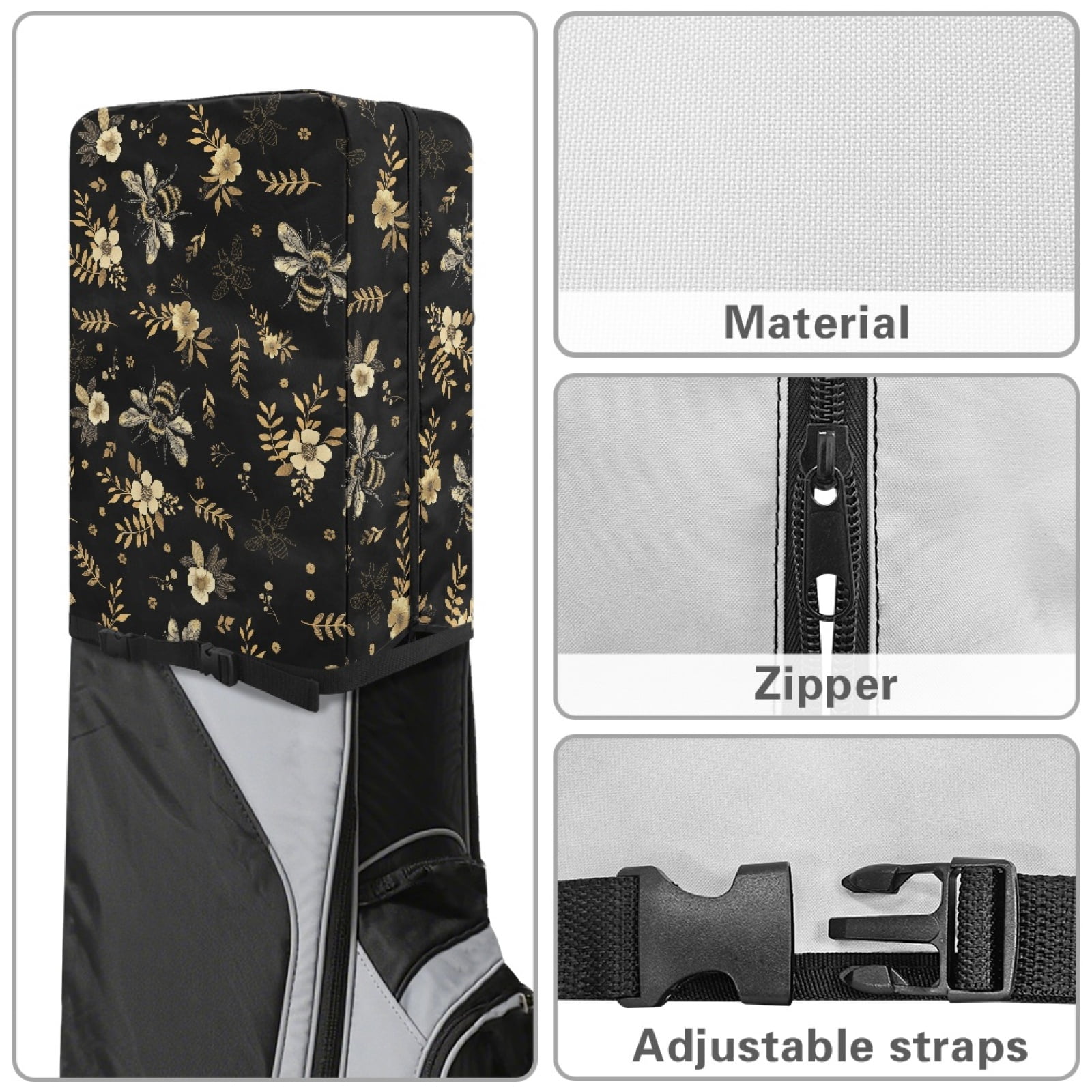 Yuyamidu Cute Bee Golf Bag Cover Flowers Hood Golf Bag Umbrella for Clubs with Snap Button One Size Fit Most Stand Bags, Dust and Sun Protection