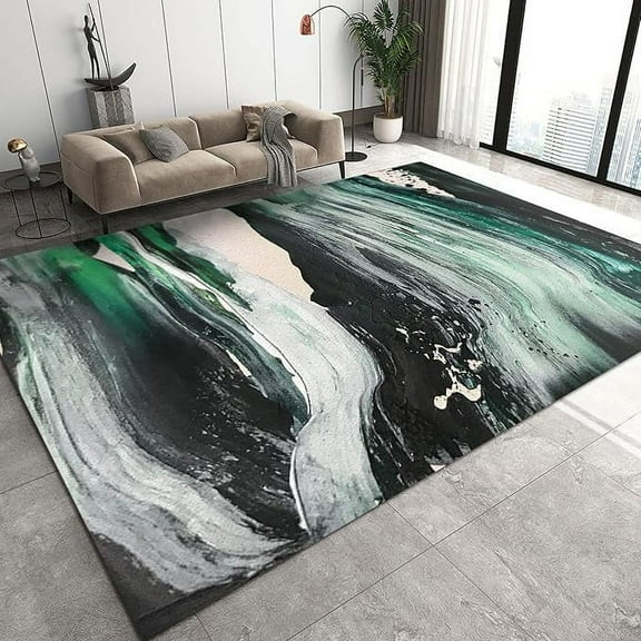 Abstract Green Black Painting Texture Bedroom Rug, Luxury Advanced Art Design Kids Rugs, Soft Pet Friendly Absorbent Living Room Decor Rug For Dorm Indoor Nursery Floor Entryway 4 x 5ft