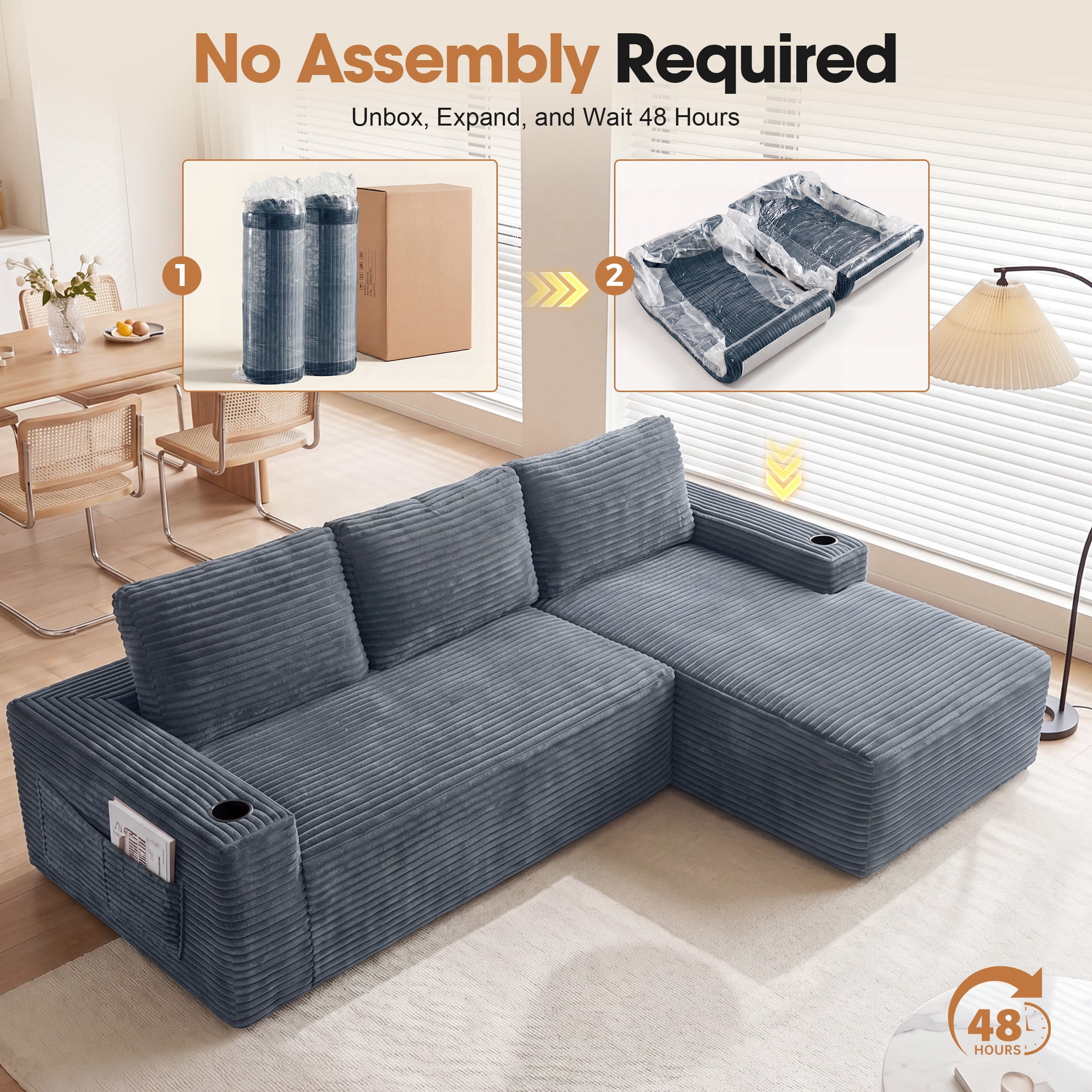 Aenkyo 104 Inch Corduroy L-Shaped Cloud Sectional Sofa with Right Facing Chaise and Cup Holders, Gray