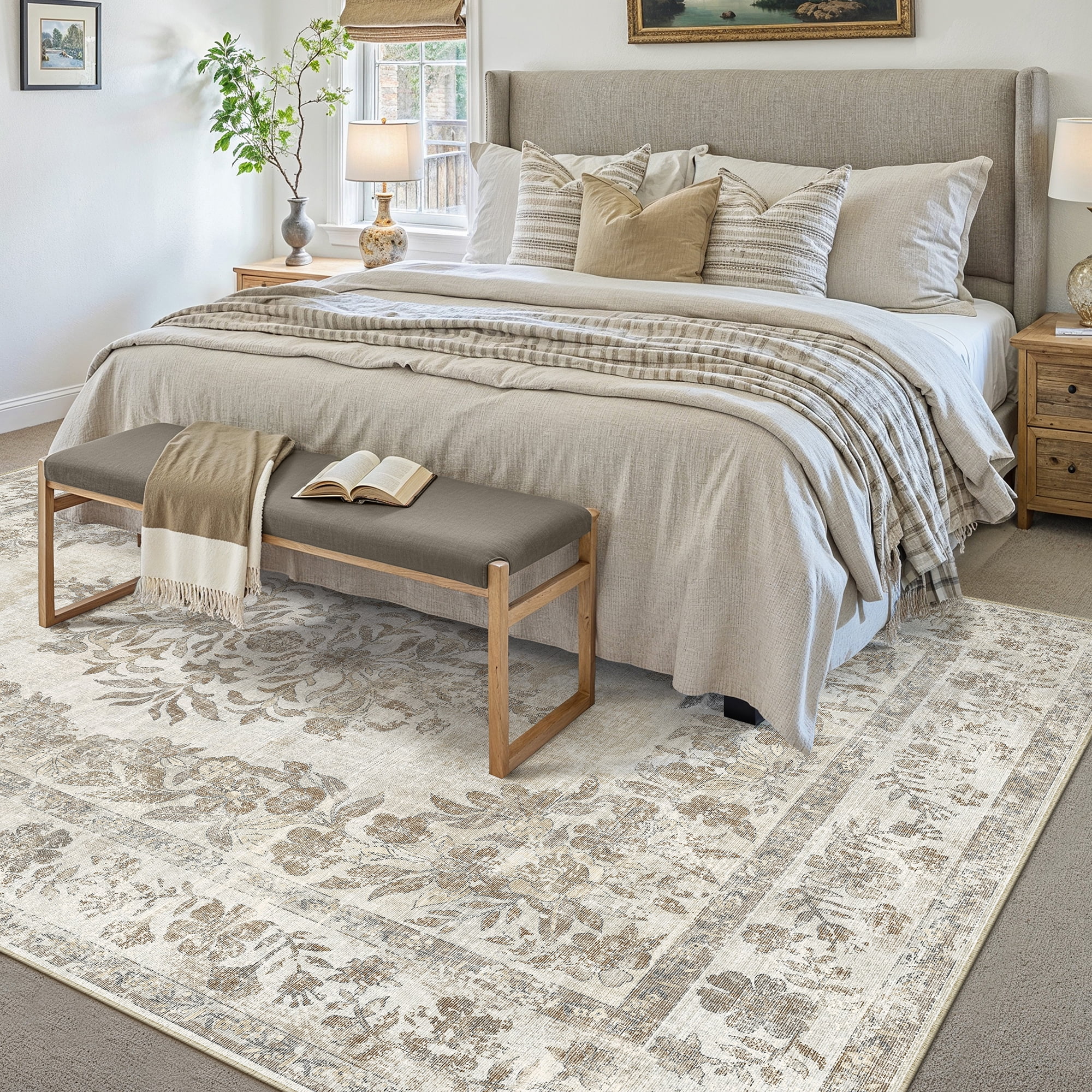WIPONKEN 6x9 Area Rugs for Living Room Bedroom Dining Room Office Farmhouse, Machine Washable Non Slip Vintage Persia Rug Beige