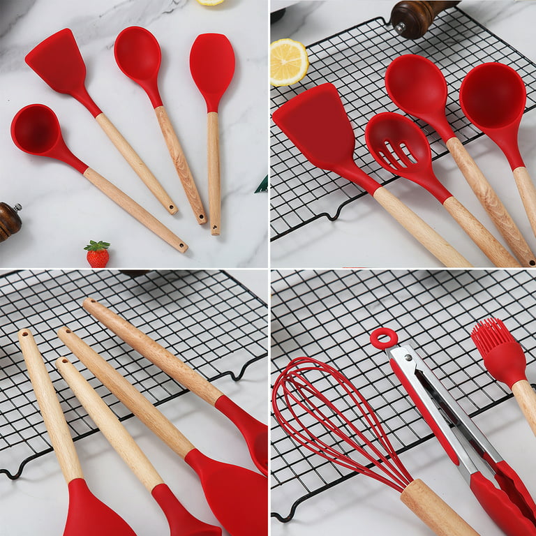 ReaNea Silicone Kitchen Utensils Set 38 Pieces, Non-Stick Cooking Utensils  Set with Muti-Use Hooks and Utensil Racks(Red)