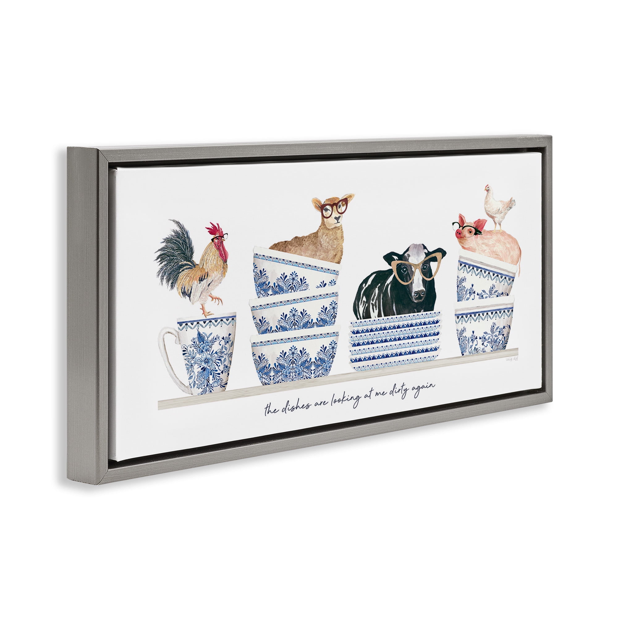 Stupell Industries Farmhouse Dirty Dishes Animals & Insects Painting Gray Floater Framed Canvas Art Print Wall Art, 25 x 11