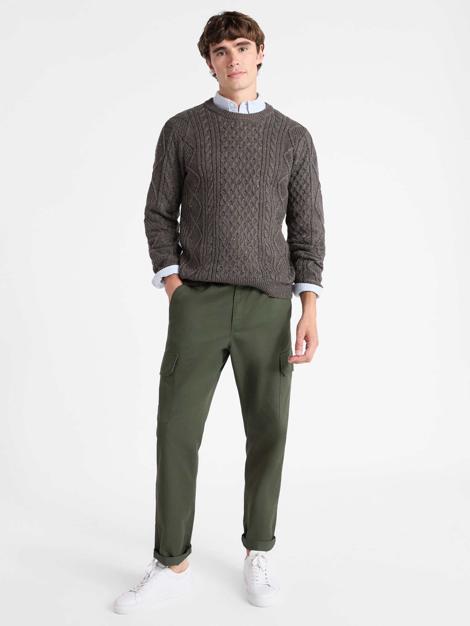 Free Assembly Men's Fisherman Crew Neck Sweater with Long Sleeves, Sizes XS-3XL