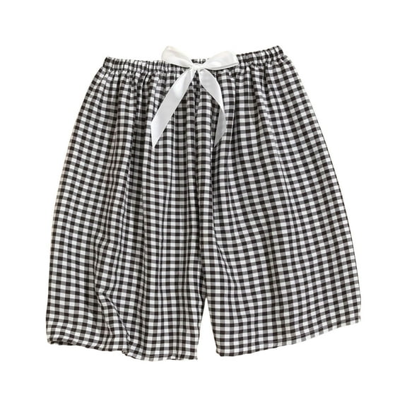 QQAMB Women's Shorts Casual Cotton Plaid Printed Elastic Waist Drawstring Wide Leg Homewear Loungewear Shorts Black Free Size