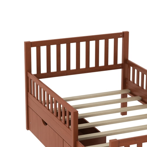 Euroco Wood Twin Size Platform Bed with Guardrails and Drawers for Kids Teens Toddlers, Walnut