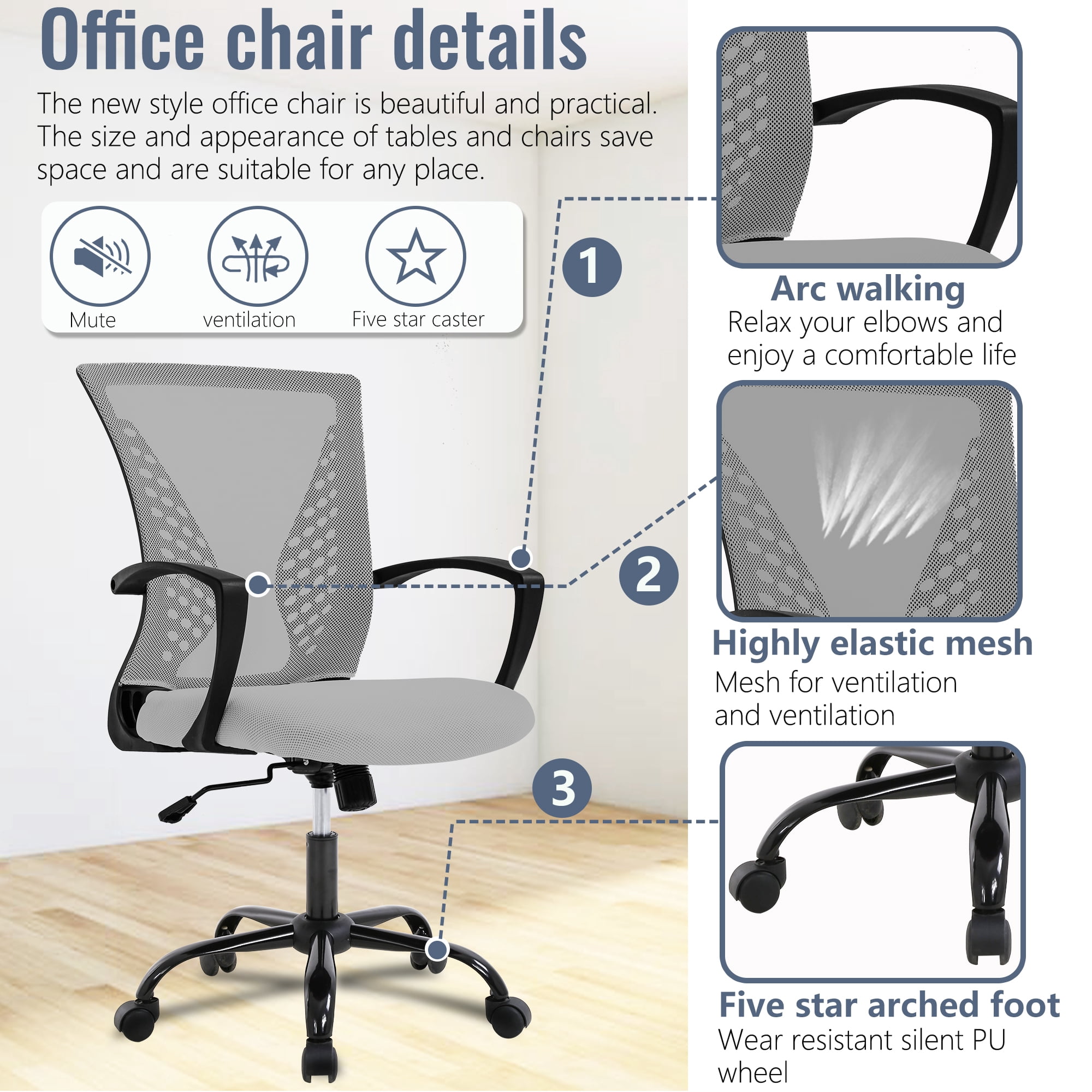 FDW Ergonomic Office Chair, Lumbar Support, Swivel Rolling for Men, Women(Grey)
