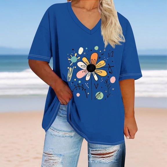 LEKWK T Shirts for Women Oversized Graphic Short Sleeve V Neck Casual Shirts Loose Fit Comfy Printed Summer Tops Fashion Beach Vacation Daily Outfits
