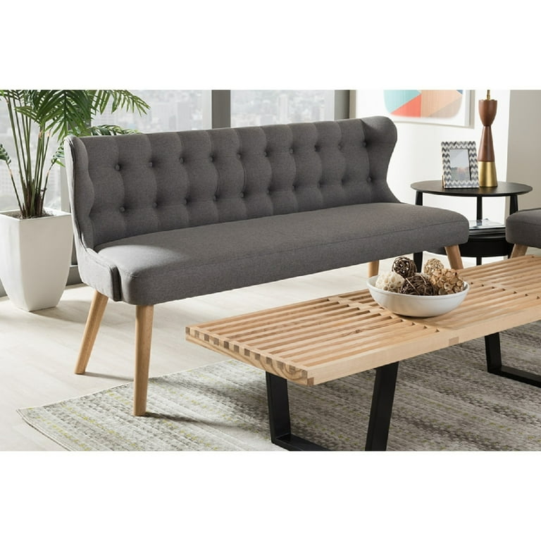 Baxton Studio Melody Mid-Century Modern Grey Fabric and Natural Wood Finishing 3-Seater Settee Bench Baxton Studio Melody Mid-Century Modern Grey Fabric and Natural Wood Finishing 3-Seater Settee Bench
