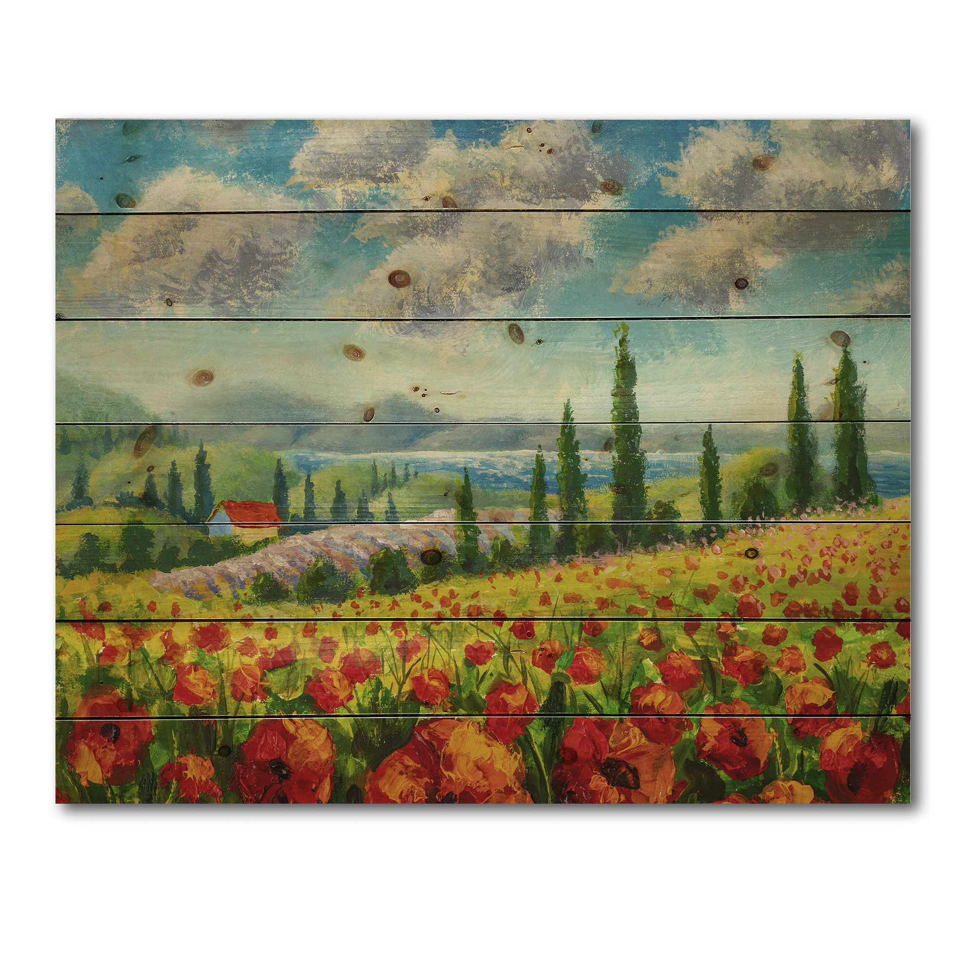 Designart 'Beautiful Landscape With Poppies Flowers By Riverside' Traditional Print on Natural Pine Wood