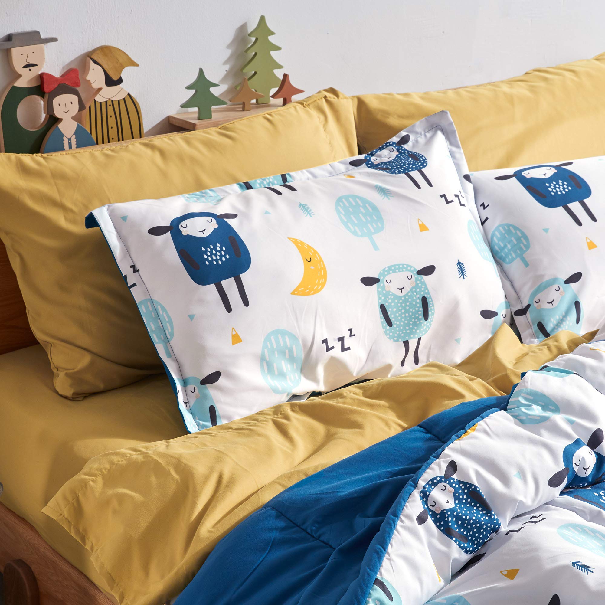 Sleep Zone Kids Full/Queen Bedding Comforter Set - 7 Pieces Super Cute & Soft Bedding Sets & Collections with Comforter, Sheet, Pillowcase & Sham - Fade Resistant Easy Care (Blue Sheep)