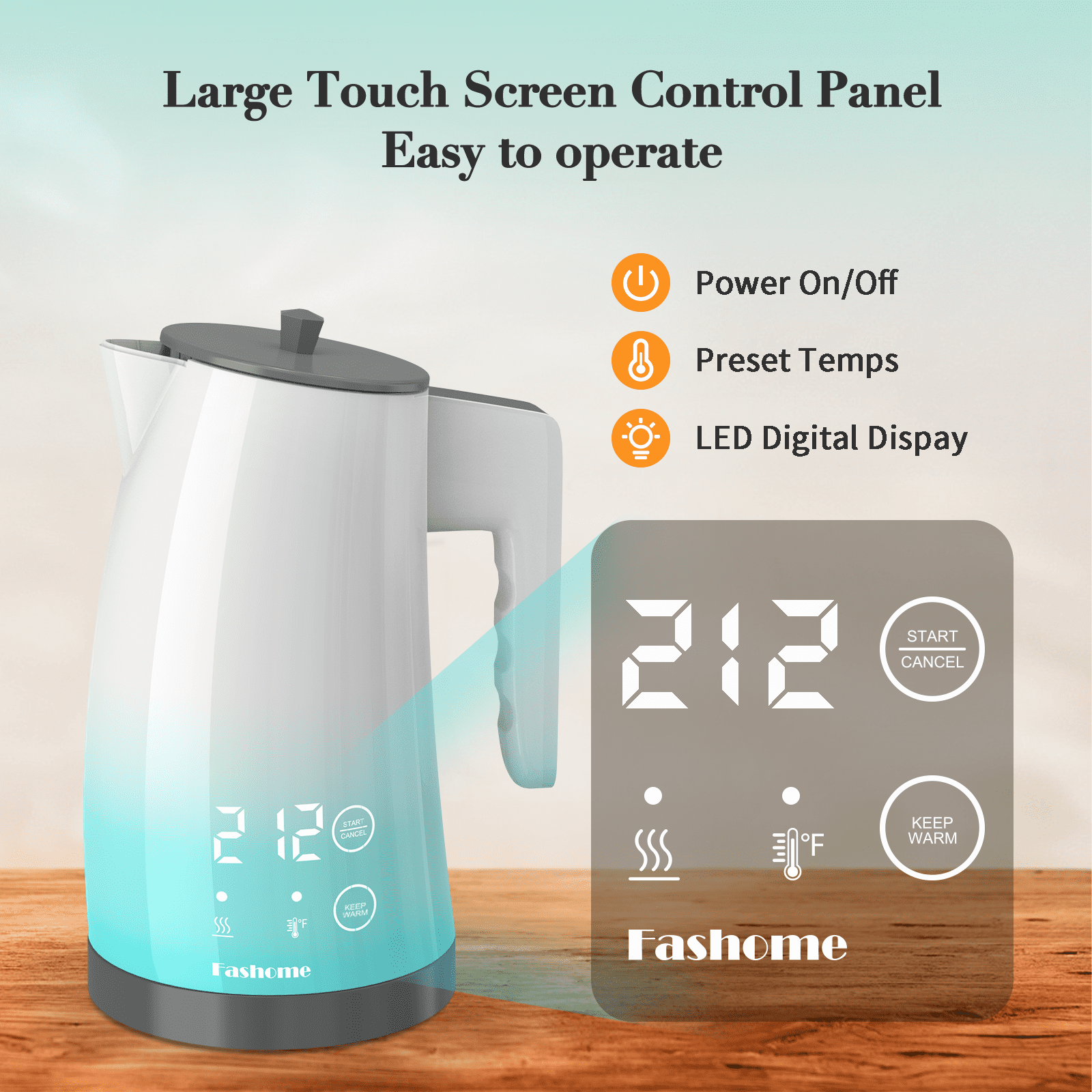 Electric Kettle Temperature Control, 304 Stainless Steel Interior, BPA-Free, Double Wall 1.25L Hot Water Boiler, 1200W Tea Kettle with Auto Shut-Off & Boil Dry Protection, Cordless Base（KCK02F）