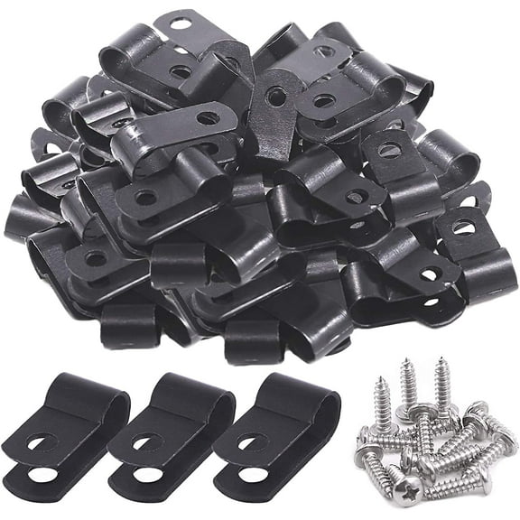 120 Pieces 1/4 inch Black Nylon Cable Clamps with Stainless Steel Screws, R-Type Mounting Cord Fastener Wire Clamps for Wire Pipe Management