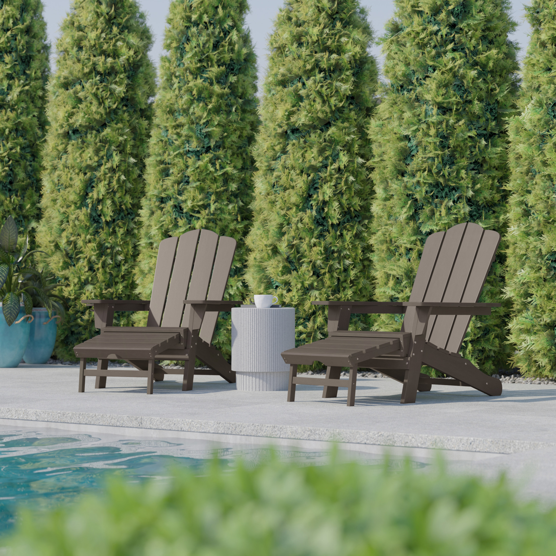BizChair HDPE Adirondack Chair with Cup Holder and Pull Out Ottoman, All-Weather HDPE Indoor/Outdoor Lounge Chair in Brown, Set of 2