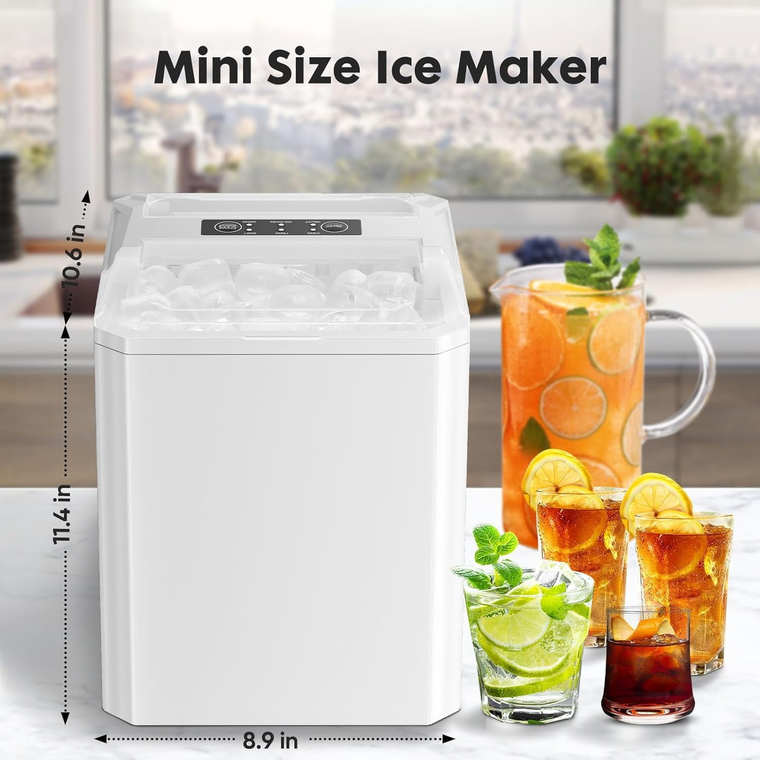 Simenmax Ice Maker, Portable Countertop Icemaker Machine, Self Cleaning Quiet 2 Sizes Bullet Cubes Makers, 9 Cubes in 6 Mins, 26lbs/24Hrs with Ice Scoop, Basket for Home Kitchen Party,White