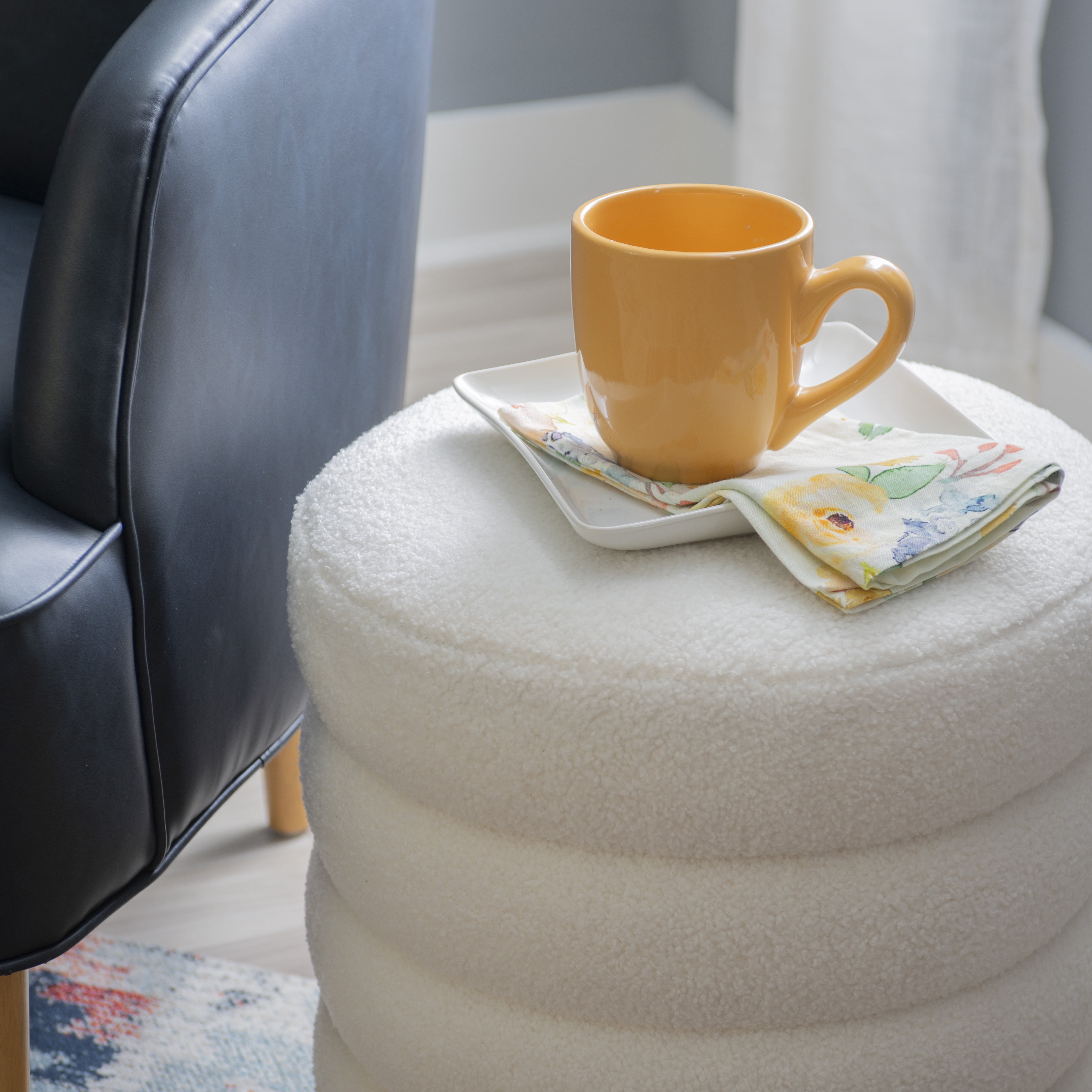 Linon Jacoby Round Ottoman, White Sherpa