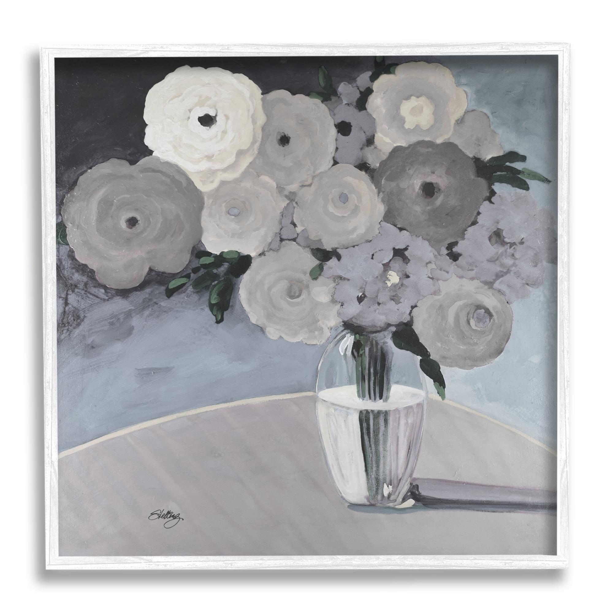 Stupell Industries Round Slate Flower Blossoms Arrangement Still Life Painting White Framed Art Print Wall Art, Design by Steling