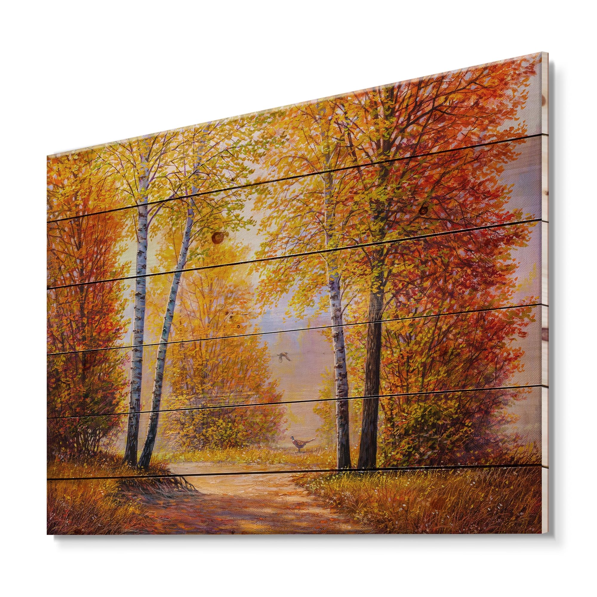 Designart 'Sunrise Glow Through The Autumn Trees' Lake House Print on Natural Pine Wood