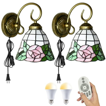 

Kiven Plug in Wall Lamp Tiffany Style Dimmable Wall Sconce with Remote Control and Glass Shade Color Changing 5.9ft Plug-in Cord E26 Socket(Set of 2)