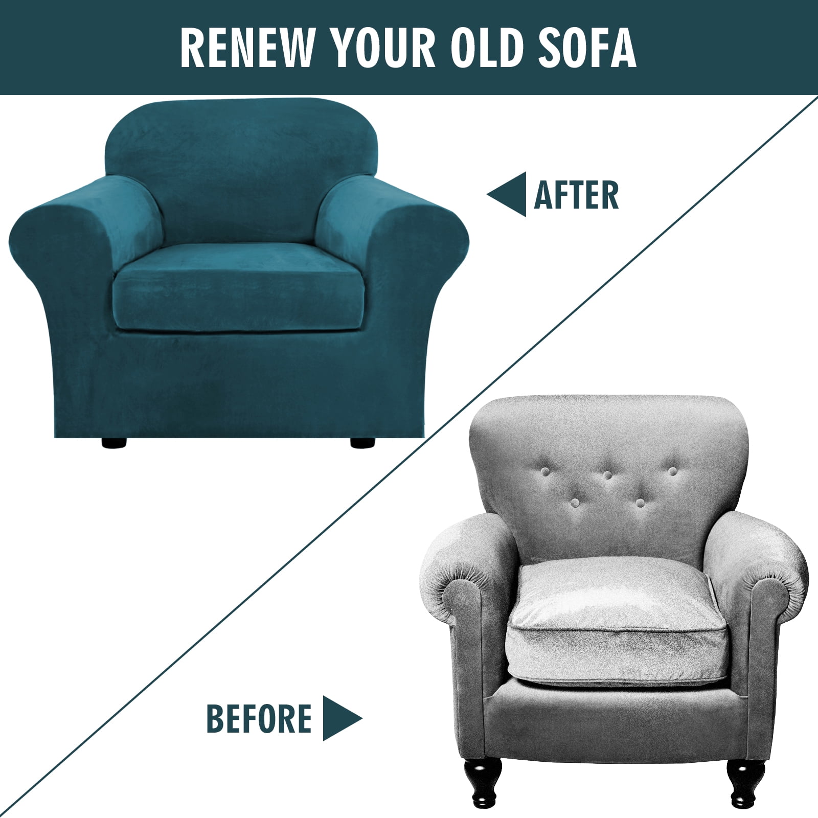 SHANNA Sofa Covers Stretch Velvet Couch Covers with Seperate Seat Cushion Covers, Armchair /Loveseat / Sofa Slipcovers (Dark Green, Armchair Cover)