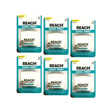 REACH Cool Mint Dental Floss, Plaque Remover for Teeth, Shred Resistant, Waxed, 55yd, - 6 Pack