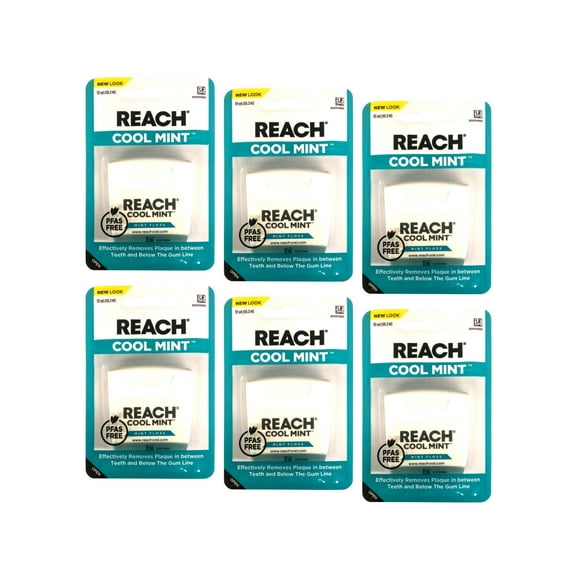 REACH Cool Mint Dental Floss, Plaque Remover for Teeth, Shred Resistant, Waxed, 55yd, - 6 Pack