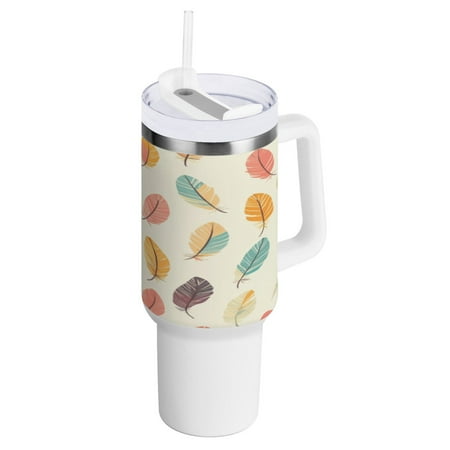 

40 Oz Car Handle Water Bottle 10.8x3.85 Inch Handle And Straw Travel Water Bottle Reusable Stainless Steel Water Bottle Cute Feather