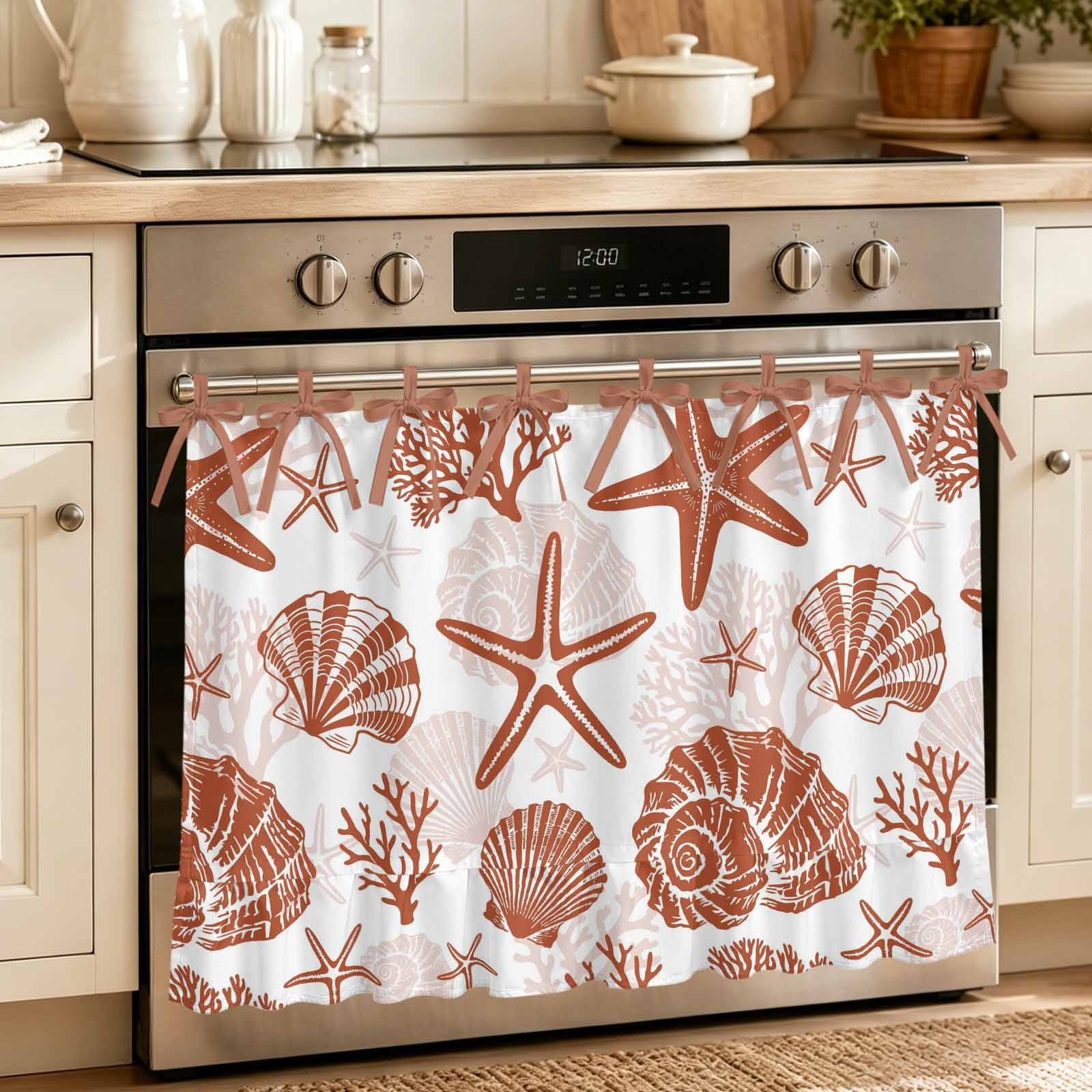 Burnt Orange Coastal Summer Oven Skirt for Farmhouse Kitchen D&eacute;cor Coral Shell Starfish Nautical Oven Curtain Tie Top Decorative Stove Skirt Cabinet Dish Washer Curtains with 8 Ribbon Ties 27 x20