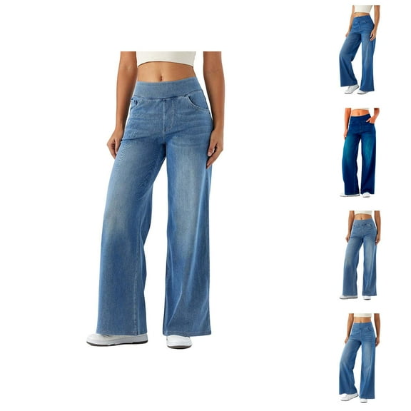Women's Casual Pants Pull On Wide Leg Jeans For Women High Waisted Stretchy Baggy Straight Leg Denim Pants for Comfortable Everyday Wear