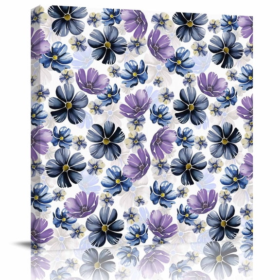 Framed Canvas Wall Art for Living Room Purple Floral Wall Decor, Navy Blue Wildflower Aesthetic Paintings for Bedroom Office Kitchen Bathroom, Ready to Hang Artwork Wall Pictures 8x8 Inch