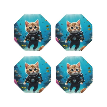 

Fuzoiu Underwater Diving Cat Print Leather Coasters Set Drink Coasters Set of 4 for Tabletop Protection Durable PVC Coasters Home Décor and Housewarming Gift-Octagon