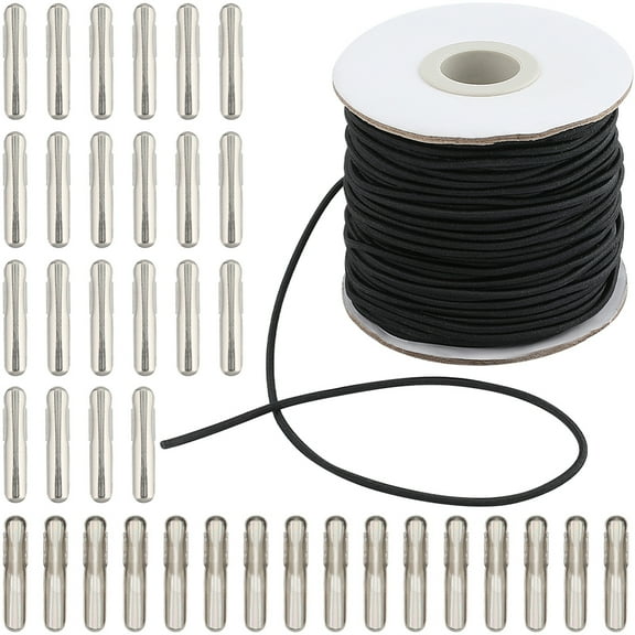 40M Round Elastic Cord with 100Pcs Iron Folding Crimp Ends for DIY Craft Black Cord: 2mm