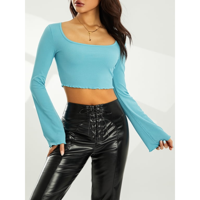 DESIGN Flared Long Sleeve Textured Top With Contrast Lettuce Hem...