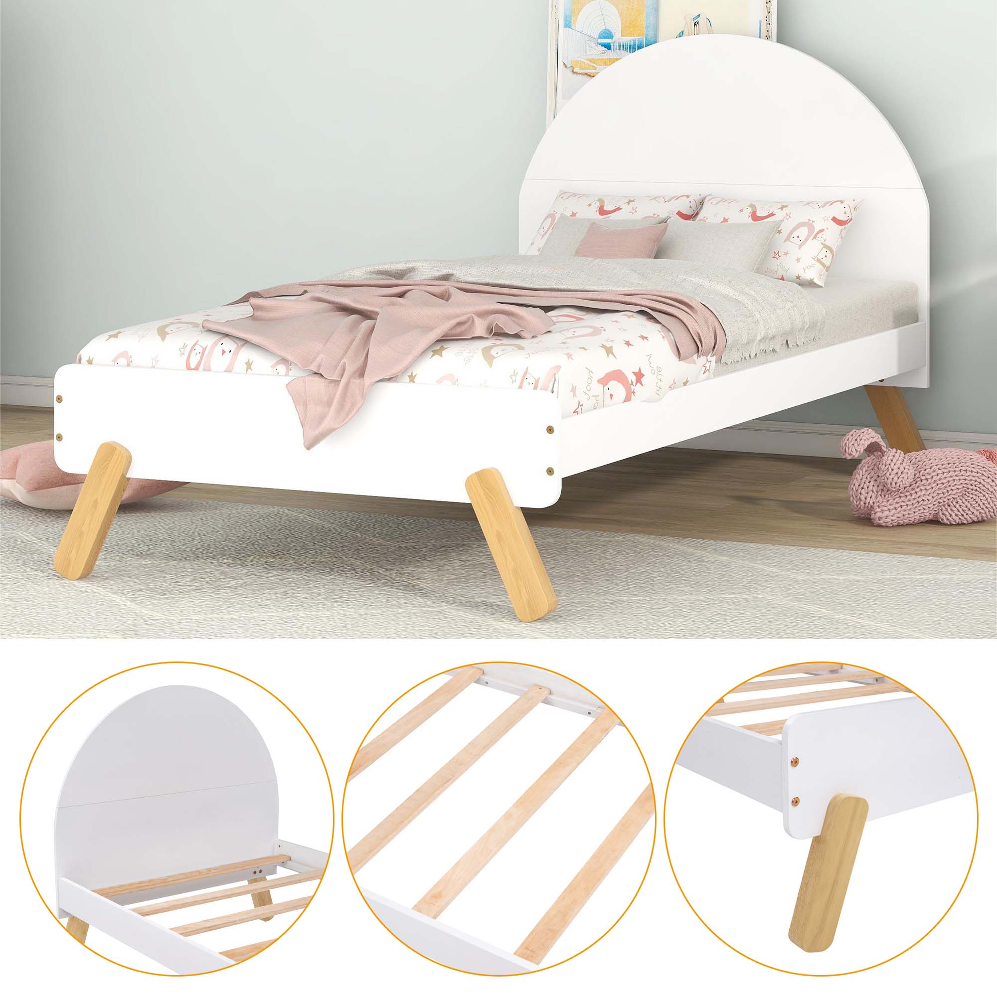 Aukfa Platform Bed for Kids, Twin Bed Frame with Semi-circular Headboard, Wooden - White