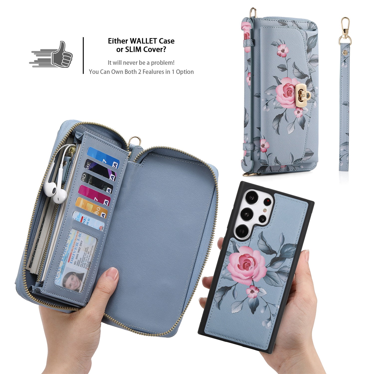 SaniMore Magnetic Detachable Wallet Case for Samsung Galaxy S22 Ultra, Flower Pattern RFID Blocking Cover Support Wireless Charging Card Slot Shoulder & Wrist Strap 360° Full Protective Shell, Grey