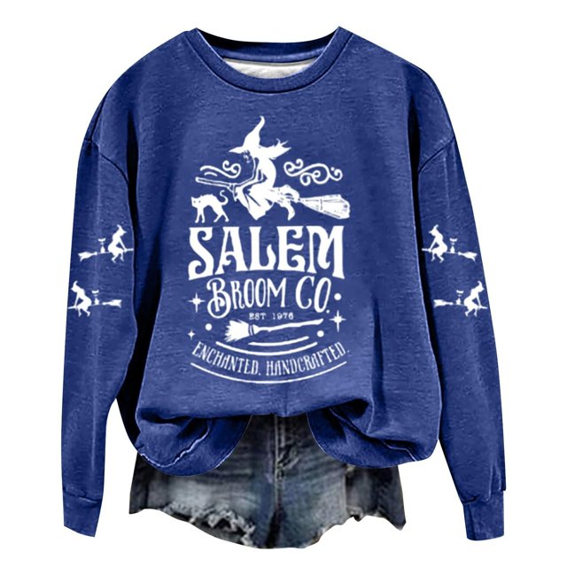 Fgnfyis Chandail en Molleton Graphique Humour Halloween pour Femmes Col Rond Chandail Doux Manches Longues Bleu TG