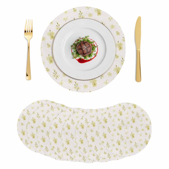Spring Cherry Flowers Round 13 Inch Placemats Set of 8, Yellow Cherry Blossoms Floral Beige HeatResistant Non Slip Place Mats for Dining Table, Wipeable Braided Kitchen Table Mats for Housewarming