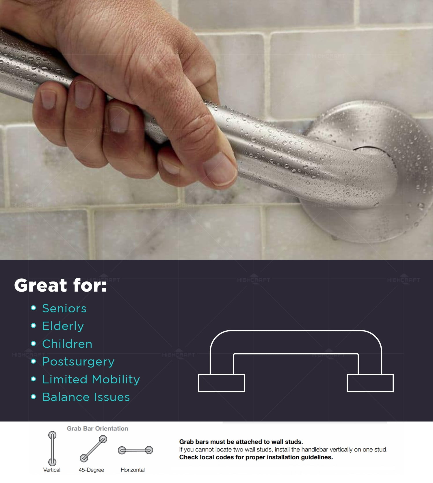 Highcraft Grab Bar for Bathtubs and Showers, Shower Grab Bars for Seniors and Elderly, Safety Bar for Bathroom 42" x 1.5" ADA Compliant Grab Bar, Heavy Duty Stainless Steel Shower Handle Wall Mount
