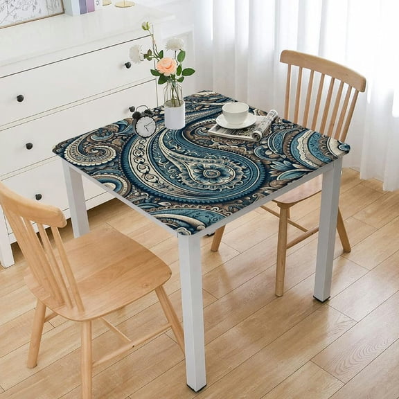 BANET Block Print Tablecloth for Square Tables and One Gray Napkin, Floral Cotton Kitchen, Dining Linen, Sky Blue, Gold, Beige White