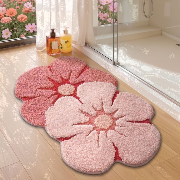 FRABE Flower Bath Rug, Funny Floral Bath Mat, Soft Plush Fluffy Red Rug, Absorbent, Non-Slip for Bathroom, Kitchen Sink, Bedroom, Kid's Bedroom, and Living Room, 24"x36", Pink