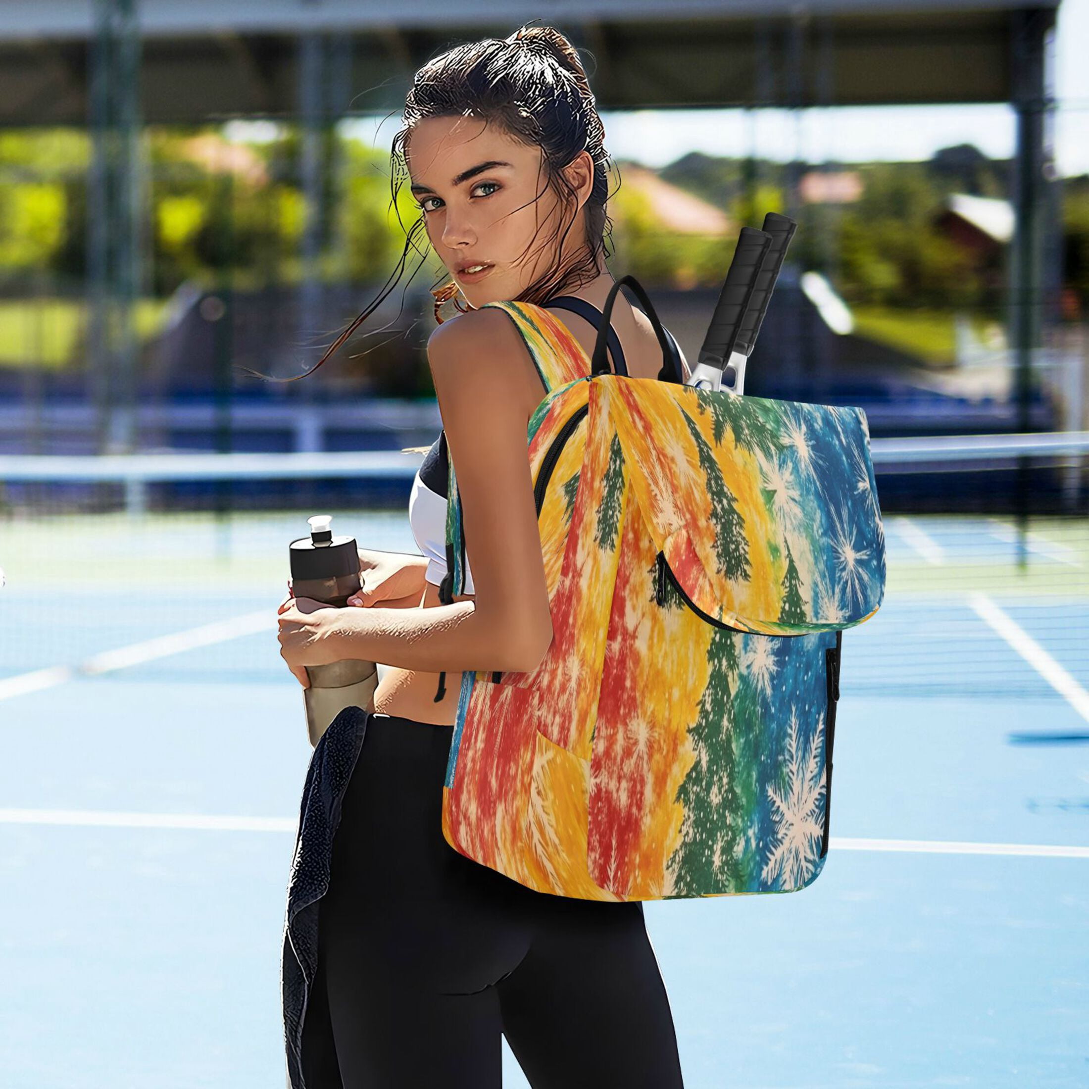 2 Racquet Holder Tennis Backpack Tennis Racket Covers Gym Bags Snowflake Rainbow