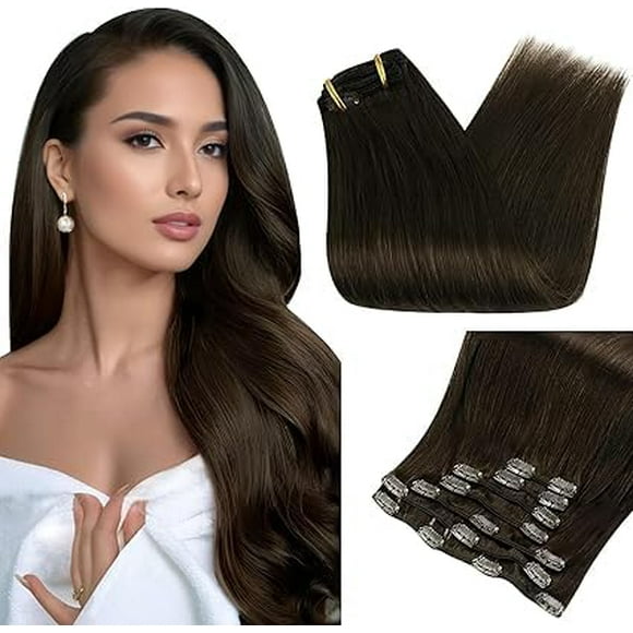 Fshine Clip in Hair Extensions Human Hair 20 Inch Clip in Extensions Color 2 Darkest Brown Double Weft Hair Extensions 100 Gram Full Head Clip in Real Hair 7 Pcs