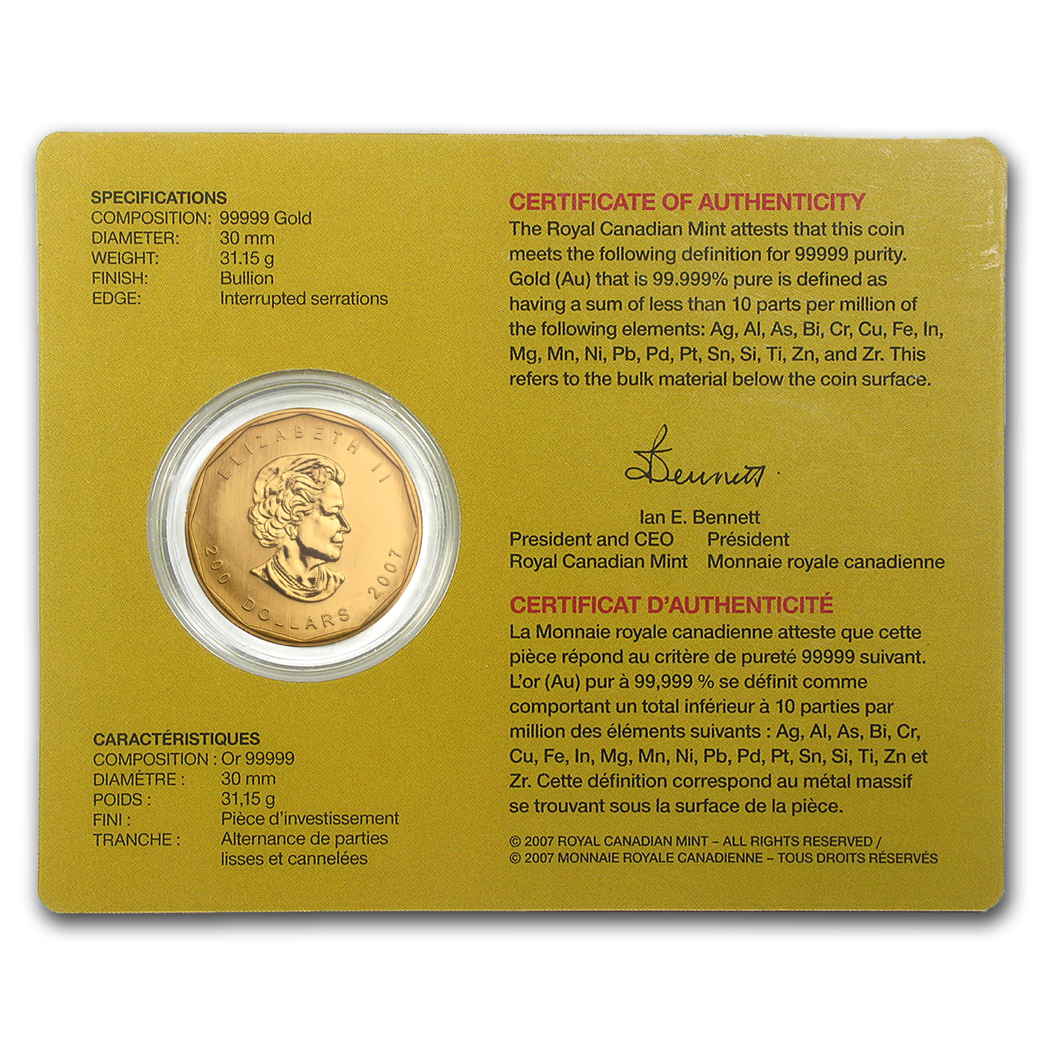 2007 Canada 1 oz Gold Maple Leaf .99999 BU (w/Assay Card