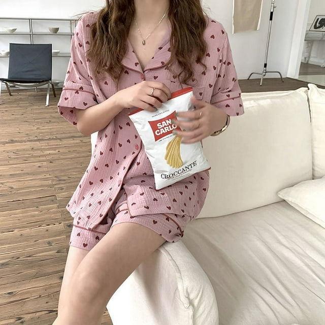 Pyjama en Coton pour Femme, Tenue de Nuit Coréenne Été 2021, Pyjama à Imprimé Cœur, Manches Courtes, Ensemble 2 Pcs, Tenue de Détente