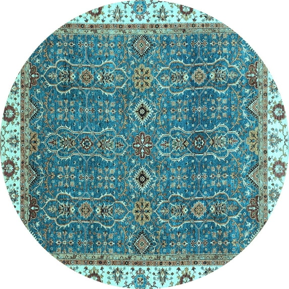 Ahgly Company Machine Washable Indoor Round Oriental Light Blue Traditional Area Rugs, 4' Round