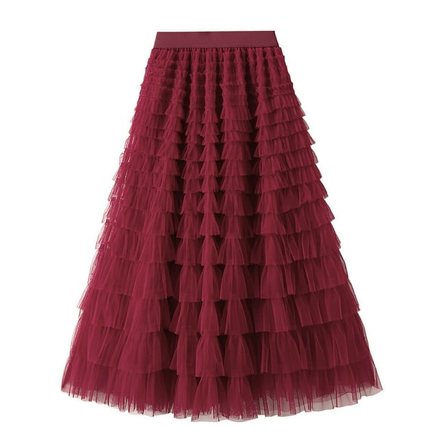 Birdeem Womens Solid Color Ruffled Mesh Skirt High Waist Prom Poached Skirt Half-Length Skirt